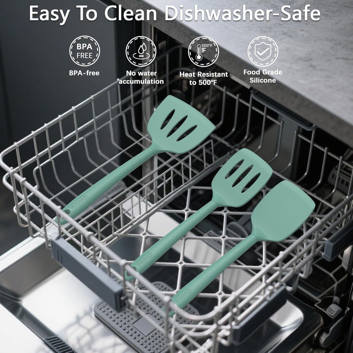 Coukre Silicone Kitchen Cooking Utensils Set with Holder – Heat-Resistant, Food-Grade Kitchen Tools, Spatula, Spoon & Gadgets for Non-Stick Pans, Dishwasher Safe (14, PureAquaGreen)