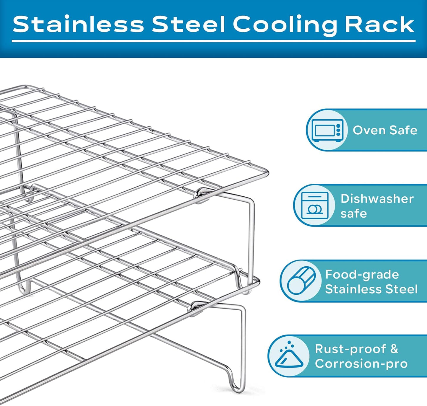 15IN x 10IN Cooling Baking Rack Set of 2, Leonyo 2-Tier Stackable Stainless Steel Wire Baking Cooking Racks Set for Cookie, Pizza, Cup Cake, Raised & Folding Feet