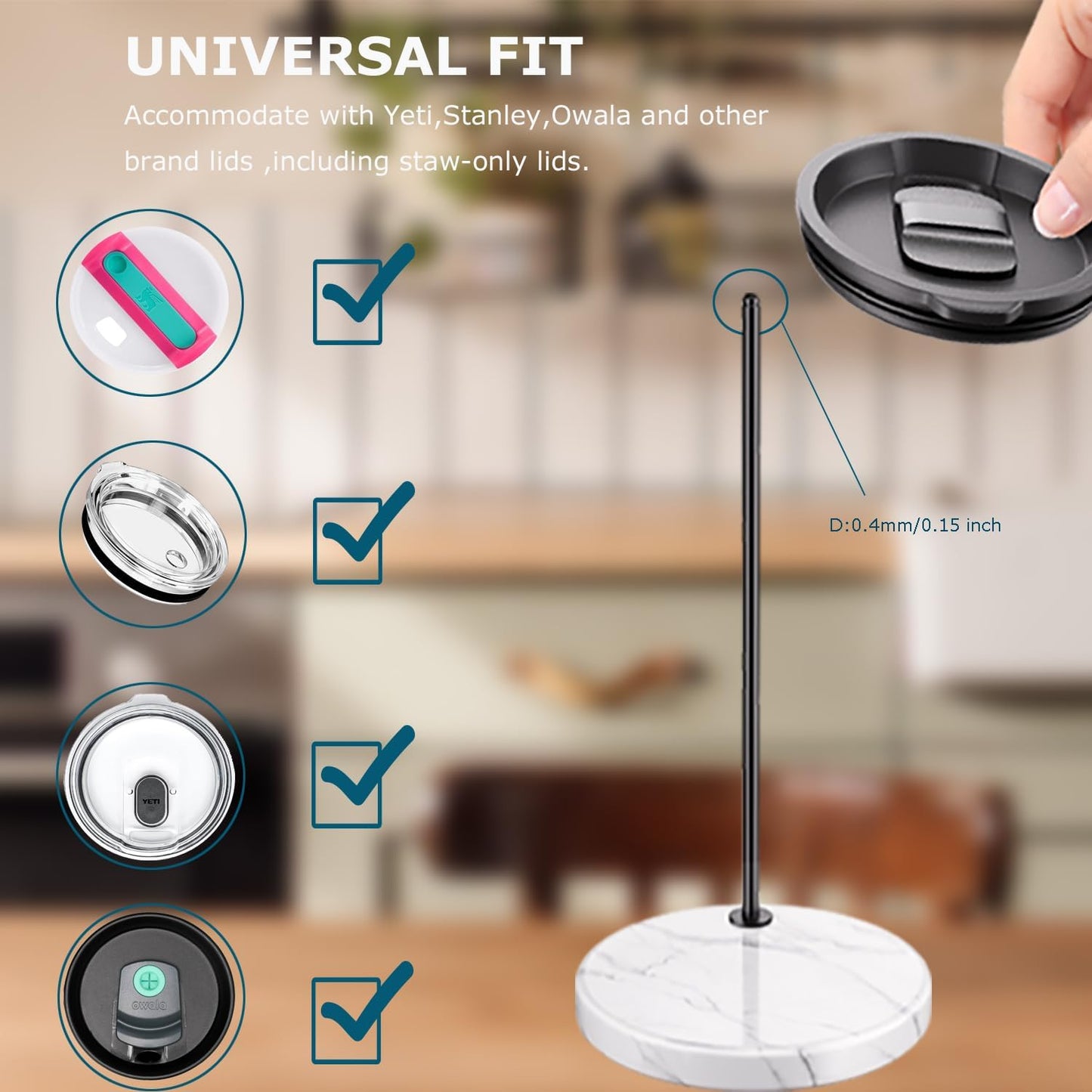 Tumbler Lid Organizer with Marble Base for Stanley /Yeti Tumbler,Space-saving Vertical Cup Lid Stacker Storage Design for Up to 10 Lids,Clutter-Free Kitchen Cabinets and Countertops (Black)