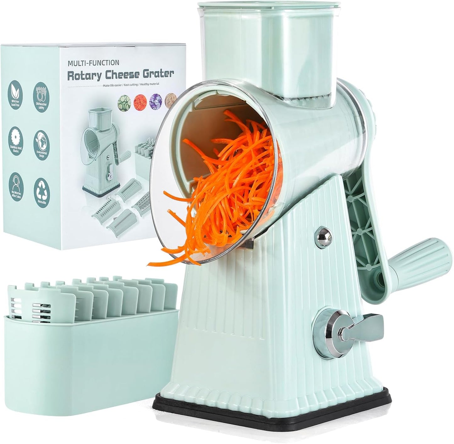 Rotary Cheese Grater, Vegetable Shredder 5 in 1 Cheese Grater with Handle edder Reinforced Suction,Easy to Clean,Kitchen Chopper for Crushed Ice,Fruits and Nuts with Blade Storage Case（Green）