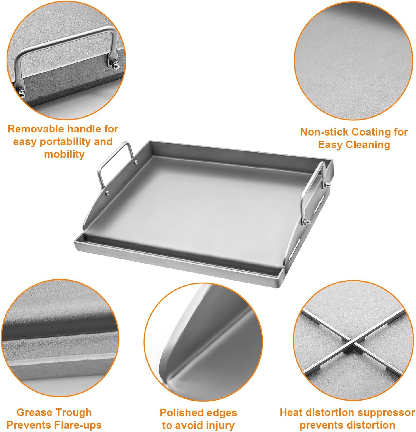 ABYDA Universal Stainless Steel Cooking Griddle, Heavy-Duty 4mm Strengthen thickness, Flat Top Plate Insert with Grease Groove and Removable Handles for Gas/Charcoal/Stove, 25" x 16"× 2.5“