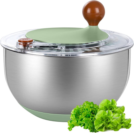 supernal 5.3Qt Stainless Steel Salad Spinner Large with Stop Button Vegetable Dryer Salad Chopper Bowl Non-Slip Base Dishwasher Safe Fruit Washer Transparent Lid & Drainage Hole Vibrant Green