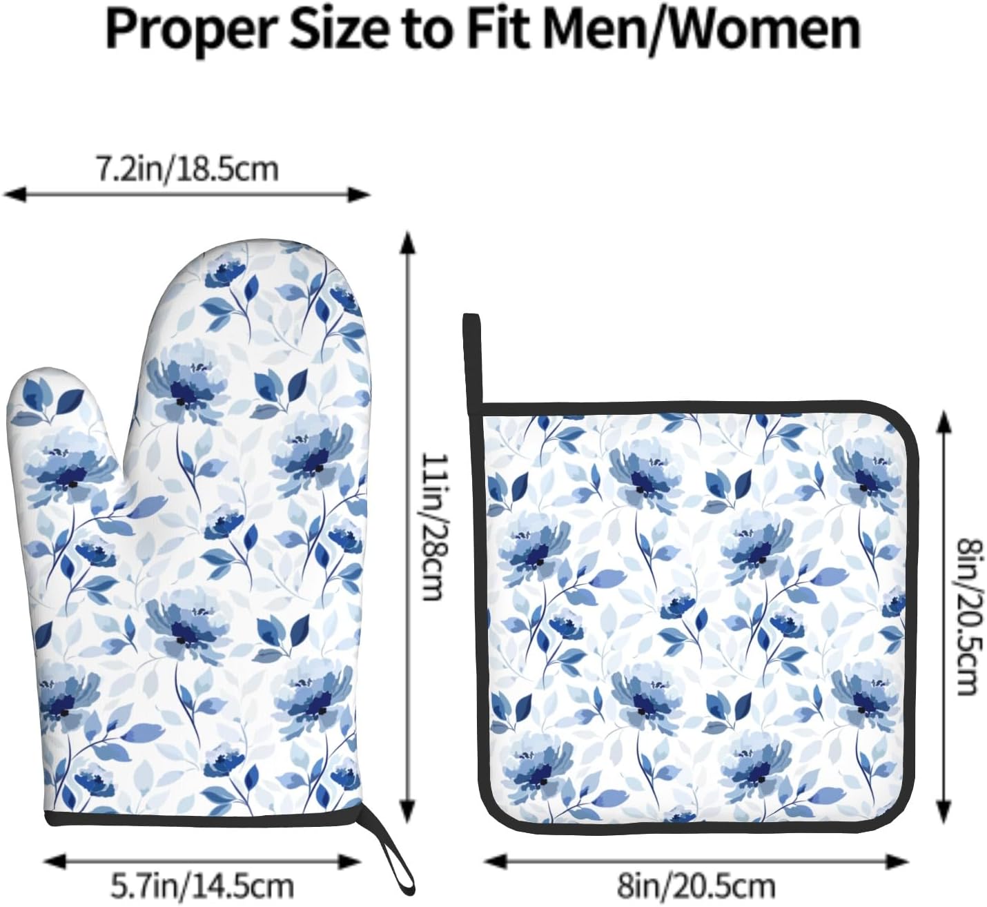 Blue Floral Oven Mitts Pot Holders Set of 2 Watercolor Leaves Heat Resistant Kitchen Mittens Potholders for Chef Baking Cooking Grilling