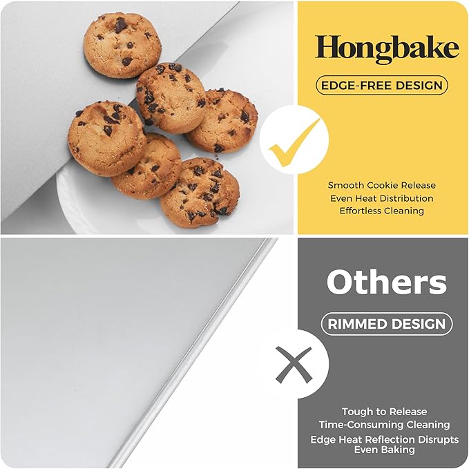 HONGBAKE 2 Pieces Large Flat Cookie Sheet No Edges, Nonstick Insulated Baking Pan, Commercial Oven Trays for Cooking, 16" X 14", Grey