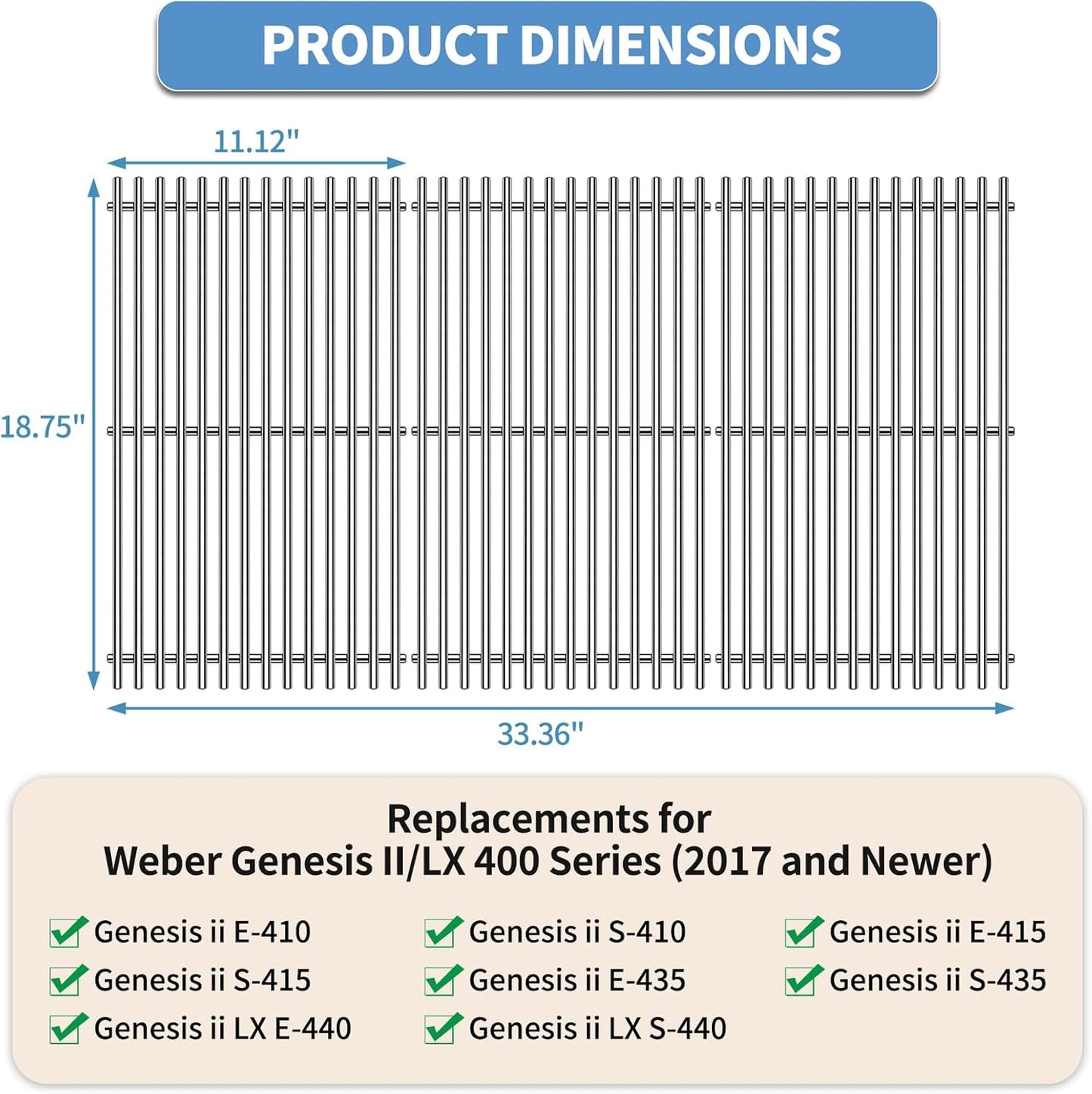 18.7" SUS304 9MM Cooking Grates for Weber Genesis II 400 and Genesis II LX 400, Genesis II/LX E410 E415 E435 E440 S410 S415 S435 S440 Series Grills, 3 Packs Grill Grate Parts for Weber 66089