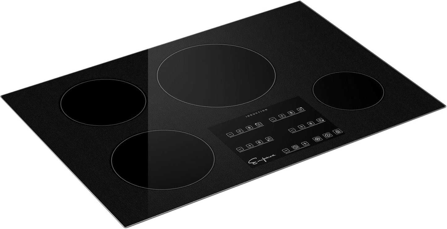 Empava 30 Inch Electric Induction Cooktop Built-in, 4 Zone Smooth Glass Surface, Touch Sensor Control Power Boost, Child Lock, Timer Function, Hardwired Kitchen Appliance
