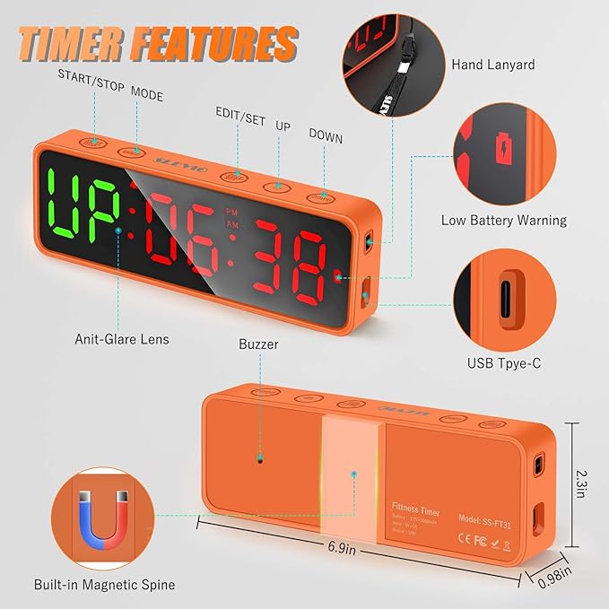 Small Gym Timer Clock Stopwatch Magnetic Workout Interval Timer, Large LED Digital Display, Home Accessories Countdown Clock for Home Gym Garage Schools