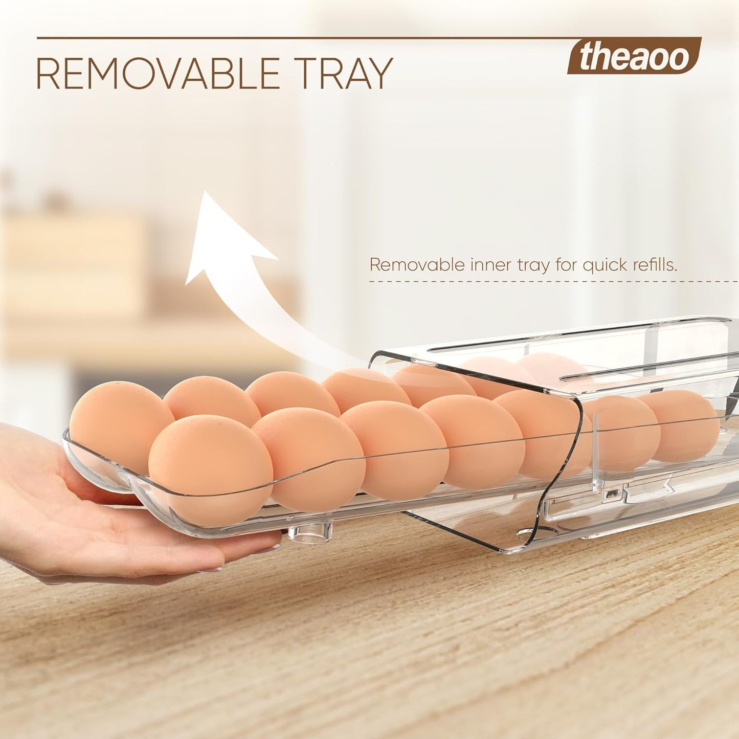 theaoo Egg Holder for Fridge, Automatic Rolling Egg Container for Refrigerator, Clear Plastic Egg Dispenser, Stackable Eggs Organizer with Quick Removable inner Tray For Organizers and Storage, 2Pack