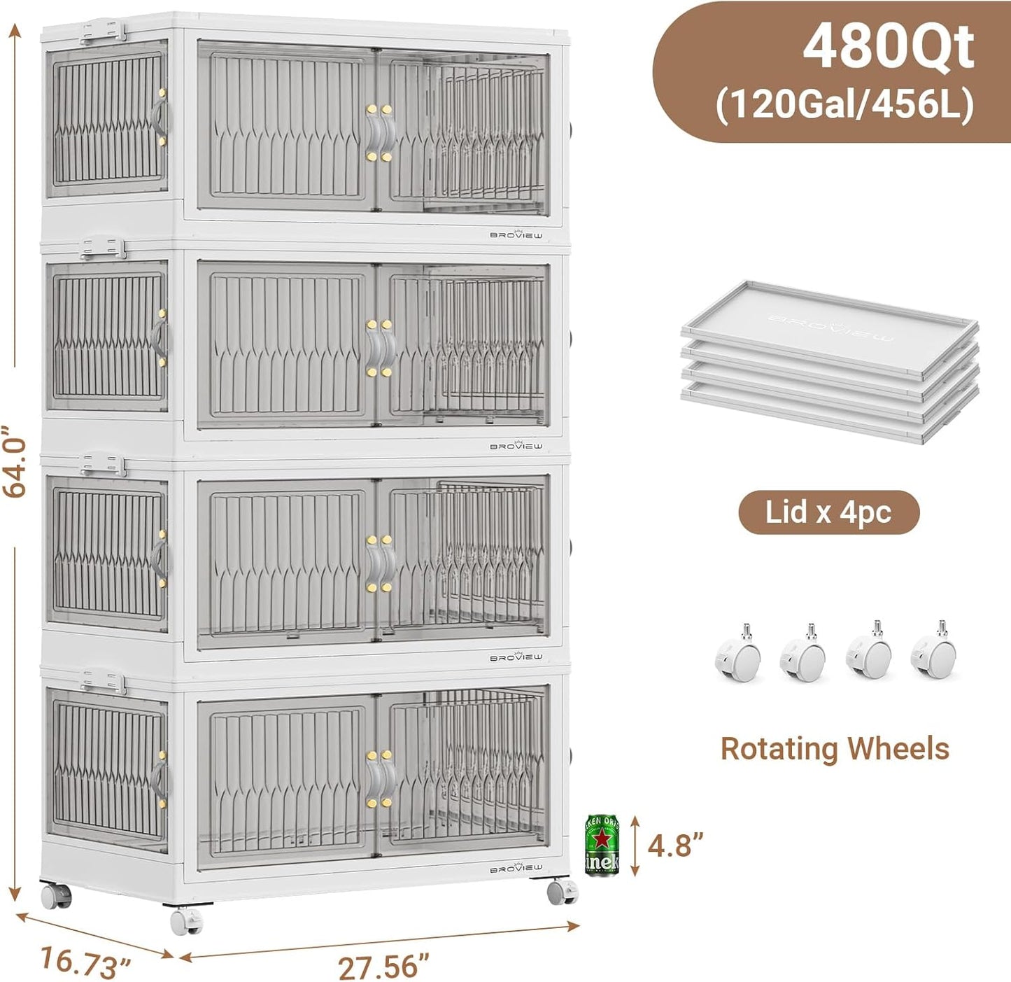 480QT Large Stackable Storage Bins with Lids, Plastic Closet Organizer and Storage Drawer, Collapsible Storage Box with Wheels, Folding Storage Cabinet with Doors for Home Kitchen, 4Pack White