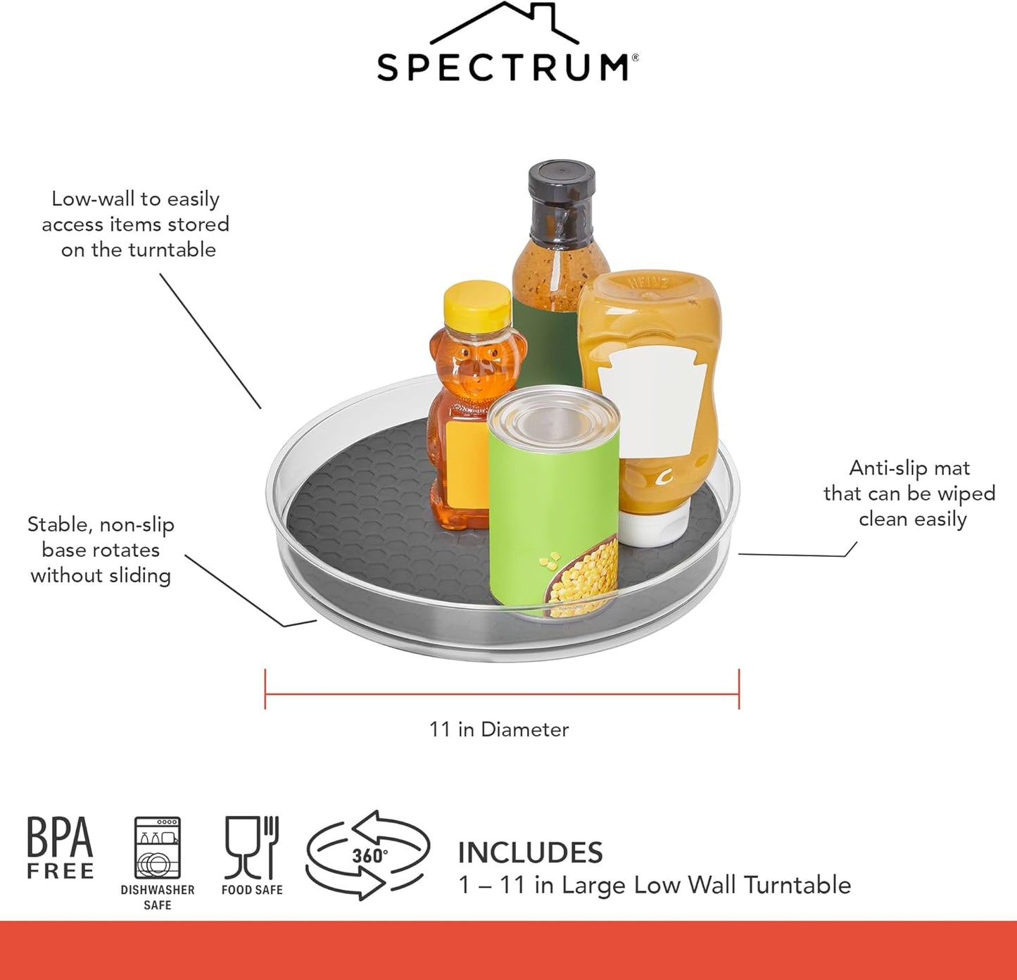 Spectrum Large Lazy Susan Organizer 11 in for Large Cabinet Fridge Pantry Table Shelf Bath Kitchen Organization, Charcoal Gray Rotating Turntable Spinning Storage for Condiments Spice Bottles