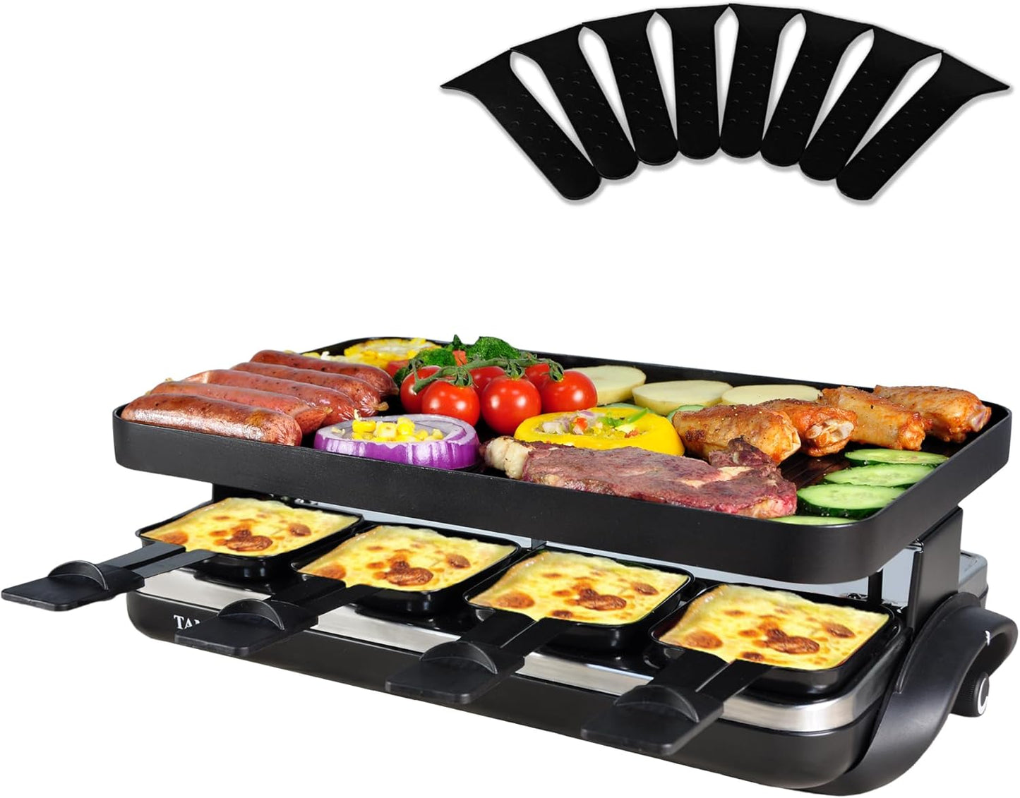 TAMARIT Classic 8 Person Raclette Grill 1500W Electric Tabletop Grill with Reversible Plate, 8 Non-Stick Raclette Trays & Spatulas Indoor Portable Korean BBQ Barbecue Grill, Party Grill Black