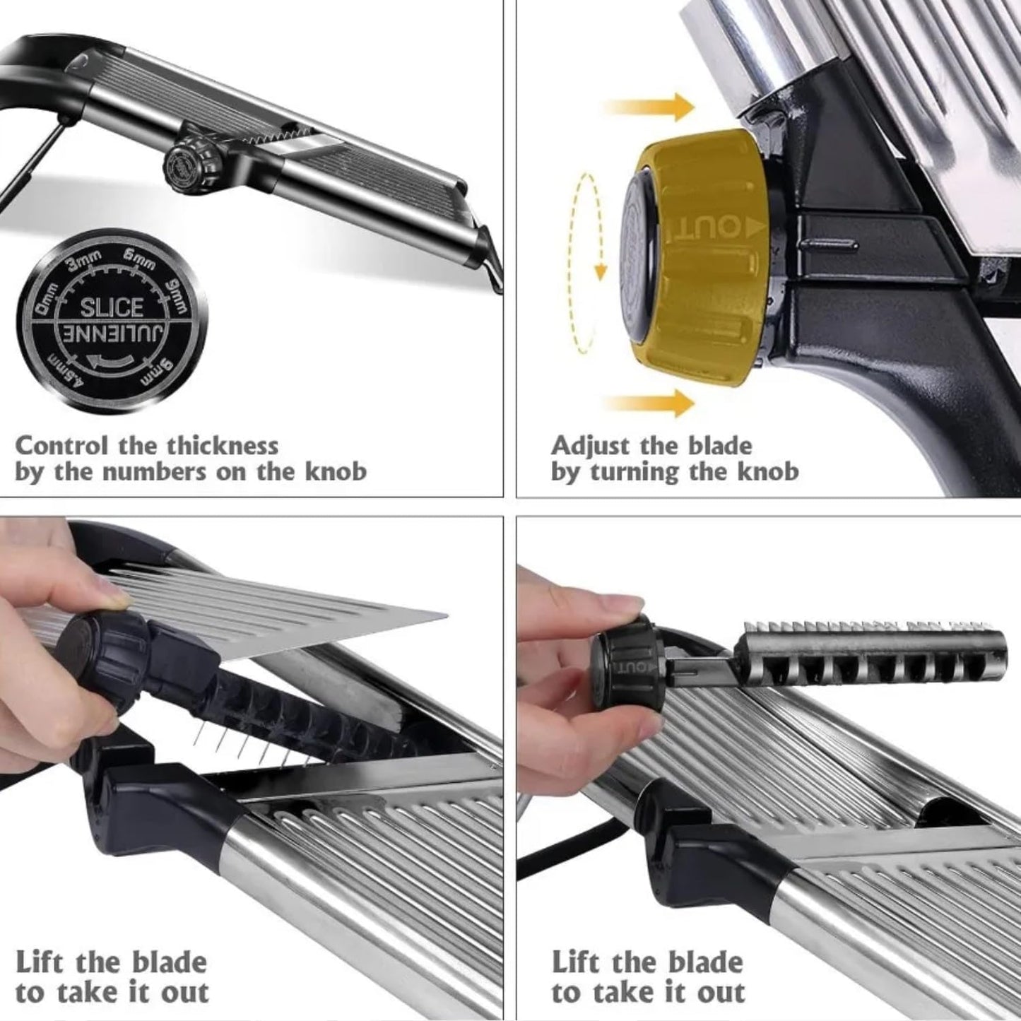 Adjustable Mandoline Slicer for Vegetables, Fruits, Stainless Steel with Cut-Resistant Gloves, Black/Silver