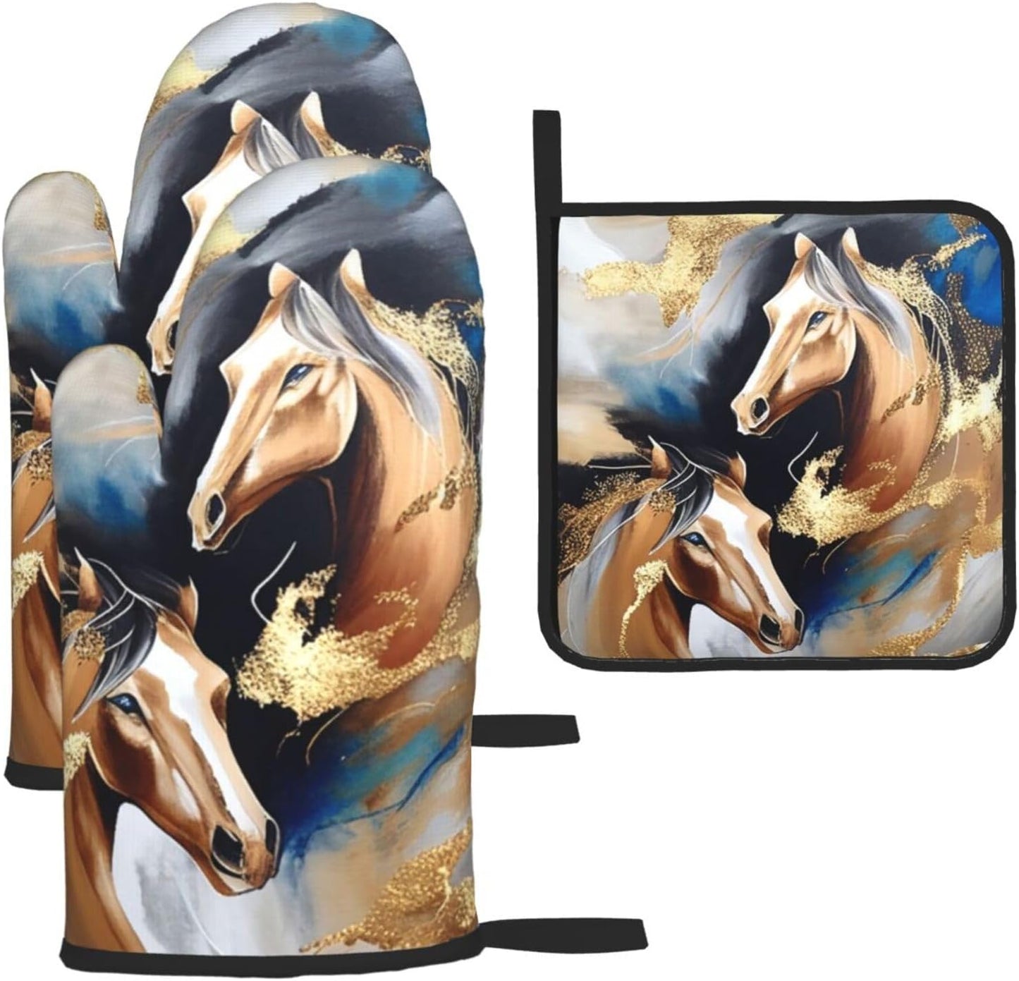Horse Oven Mitts and Pot Holders Sets of 3 Modern Kitchen Decor Heat Resistant Hot Pads Funny Oven Gloves for Cooking Grilling Baking
