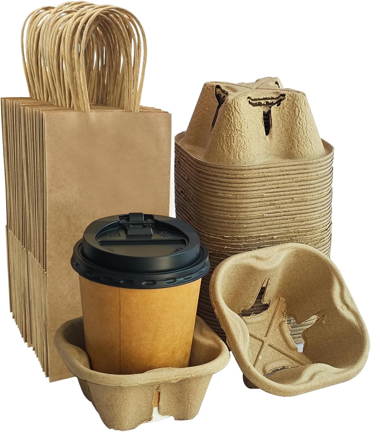 Take-Out Paper Bags And One Drink Paper Trays 100 Pack One Cup Carrier Tray Coffee Cup Holder Disposable Cup Holder Tray,Brown Baper Bags With Handles Bulk (One-cup size)