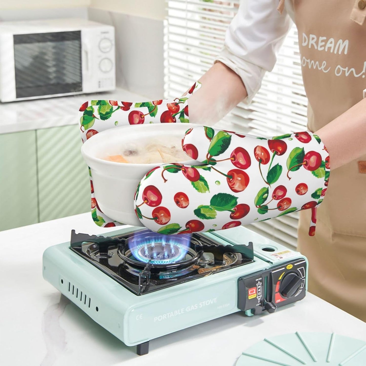 Red Cherry Oven Mitts and Pot Holders Set of 4 Silicone Cherries Kitchen Mitten Gloves and Non-Slip Potholders Set Heat Resistant Oven Gloves Hot Holders for Kitchen