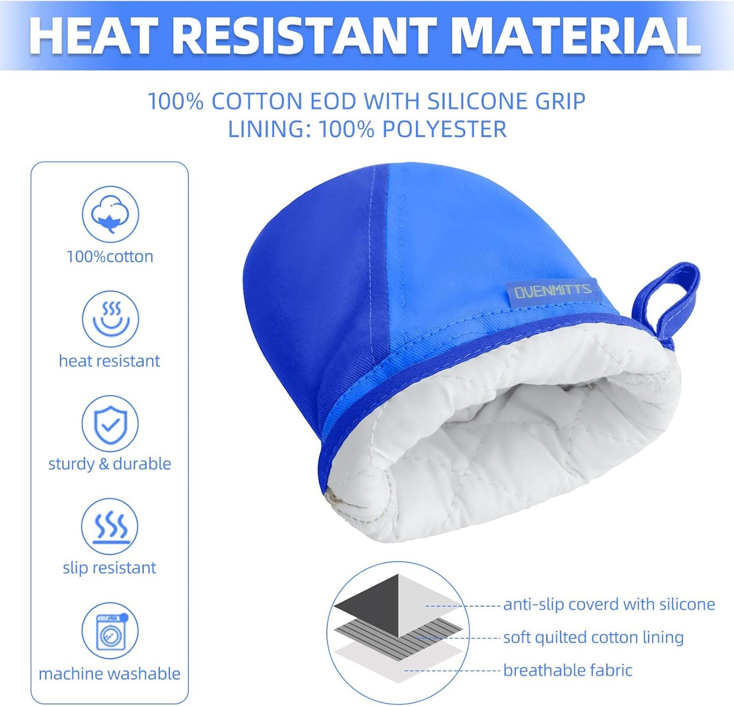 Mini Oven Mitts, Kitchen Oven Gloves Kitchen Mittens 500 Degrees Heat Resistant Baking Gloves, Non-Slip Silicone Surface with Hanging Loops Hot Gloves for Cooking, Baking, BBQ 1 Pair-Blue