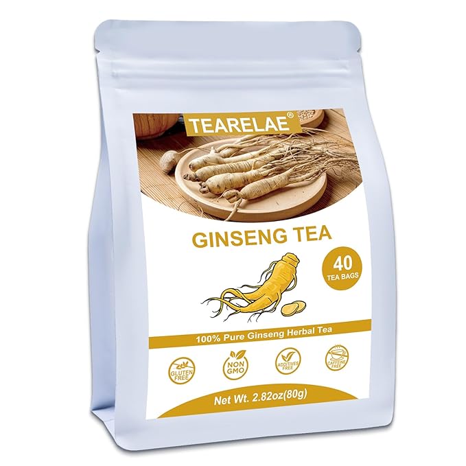 TEARELAE - Ginseng Tea, 40 Count - Pure Ginseng Root Tea Bags - Smooth Flavor - Boost Energy and Focus - Non-GMO - Caffeine-Free