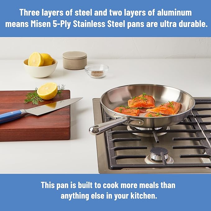 Misen 5-Ply Stainless Steel 8" Frying Pan - Professional Cookware for Induction, Gas and Electric - Dishwasher Safe, Oven Safe to 800°F - Durable, Versatile, Even Heating