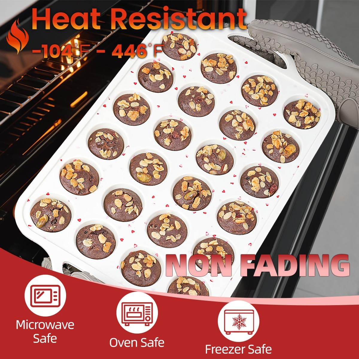 CAKETIME Mini Muffin Pan, Metal Reinforced Frame Mini Cupcake Pans 24 Cups Nonstick Muffin Silicone Molds with Handle for Baking Muffins, Cupcakes, Egg Bites 2 Pack Heart-Shaped