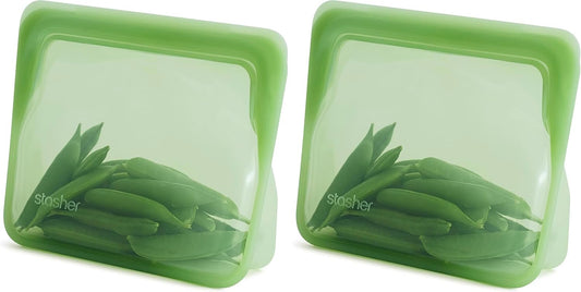 Stasher Premium Silicone Reusable Food Storage Stand-Up Mini Bag, Green, Microwave, Sous Vide, Dishwasher, Oven and Freezer Safe, BPA Free, Leak-free, Eco-friendly, 28 Oz (Pack of 2)
