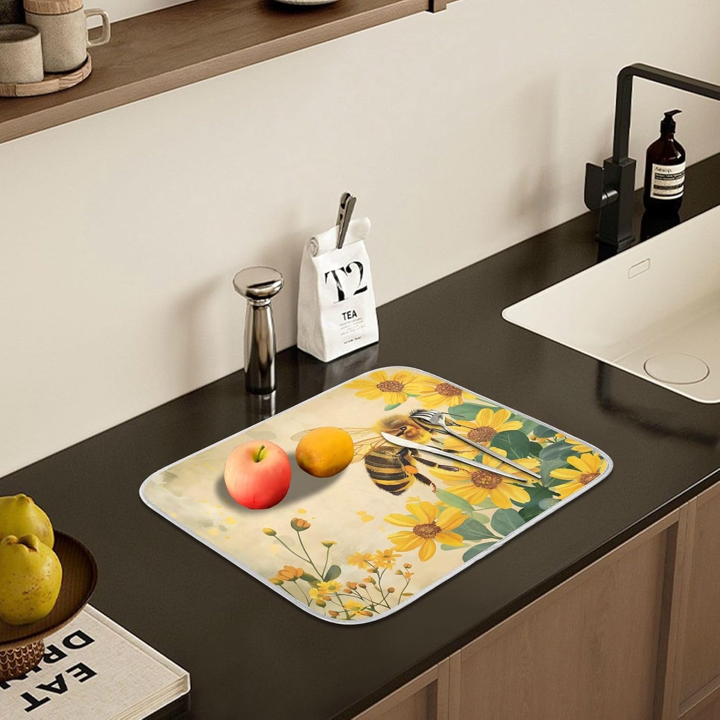 Honey Bee Dish Drying Mat for Kitchen Counter Absorbent Microfiber Small Drying Pad Dish Yellow Flowers Leaves Mats for Kitchen Countertops 16 x 18 Inch
