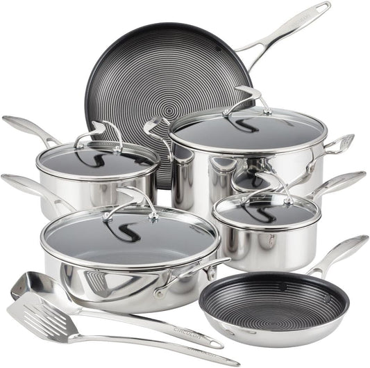 Circulon Clad Stainless Steel Cookware Pots and Pans and Utensil Set with Hybrid SteelShield and Nonstick Technology, 12 Piece - Silver