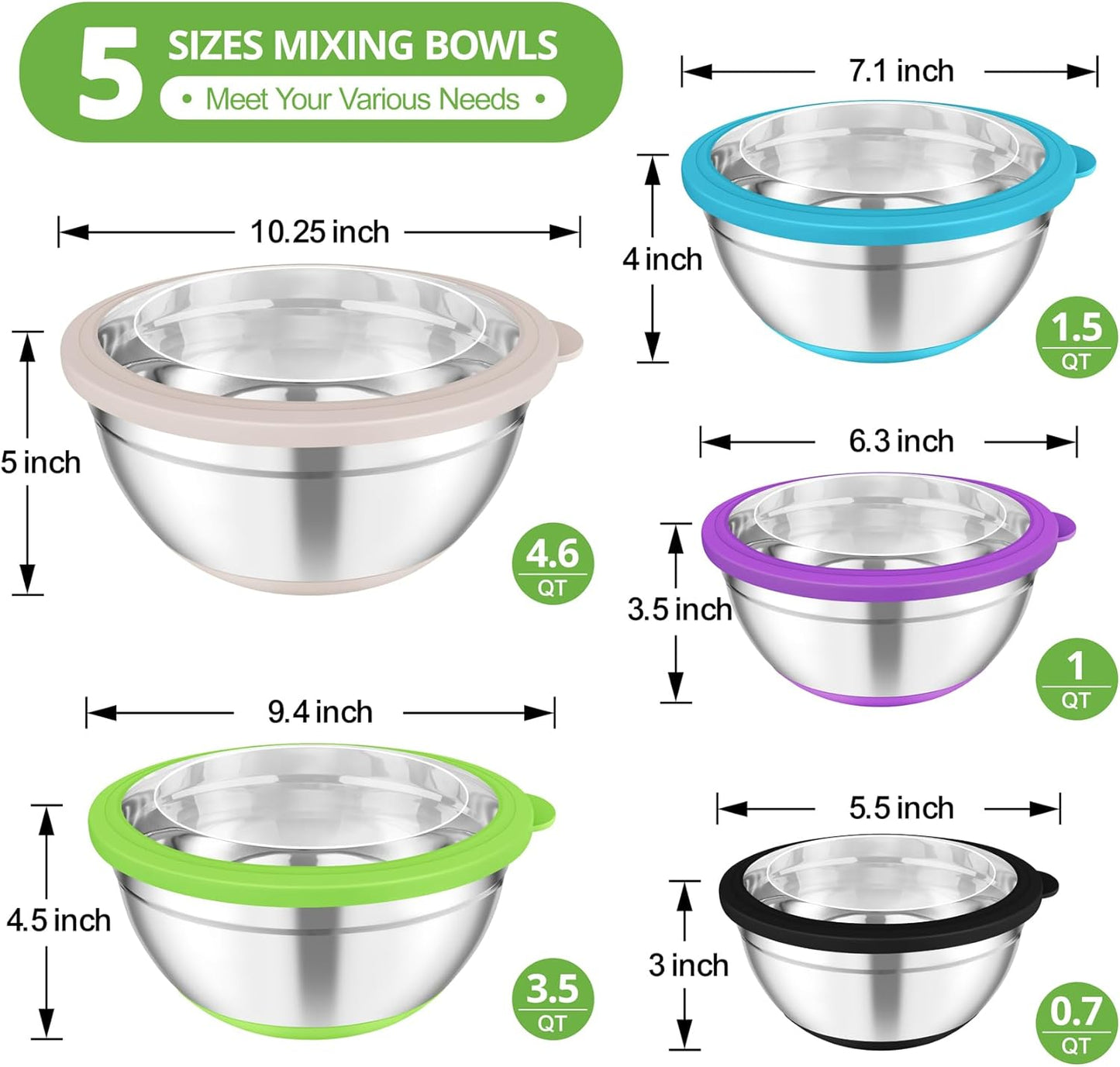 TeamFar Mixing Bowls, 5PCS Stainless Steel Serving Salad Bowls with Lids, For Kitchen Mixing/Baking/Storing/Prepping, Visible & Airtight, Non-Slip Bottom - 4.6/3.5/1.5/1 / 0.7 QT, Multi-color