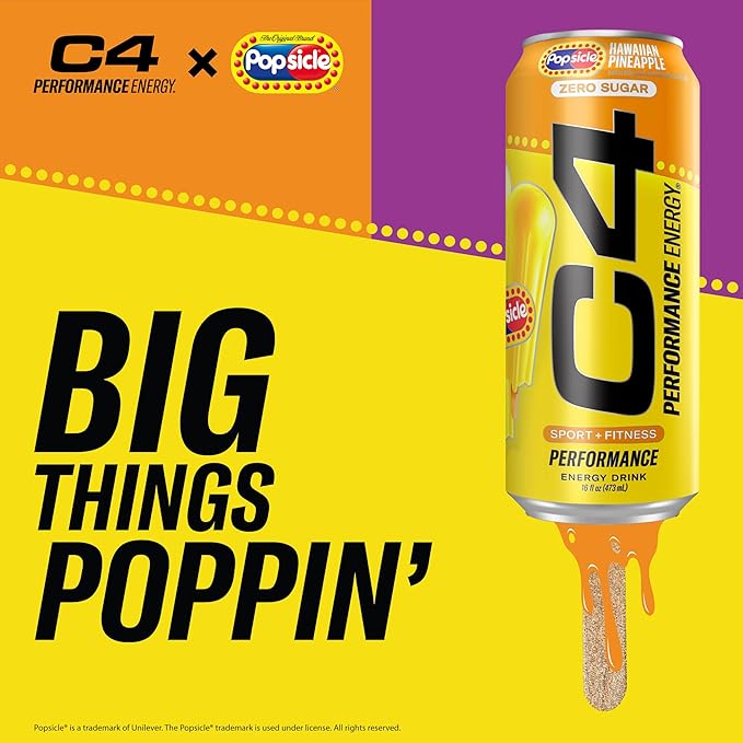 Cellucor C4 Energy Drink x Hawaiian Pineapple Popsicle, Carbonated Sugar Free Pre Workout Performance Drink with no Artificial Colors or Dyes, 16 Oz, Pack of 12