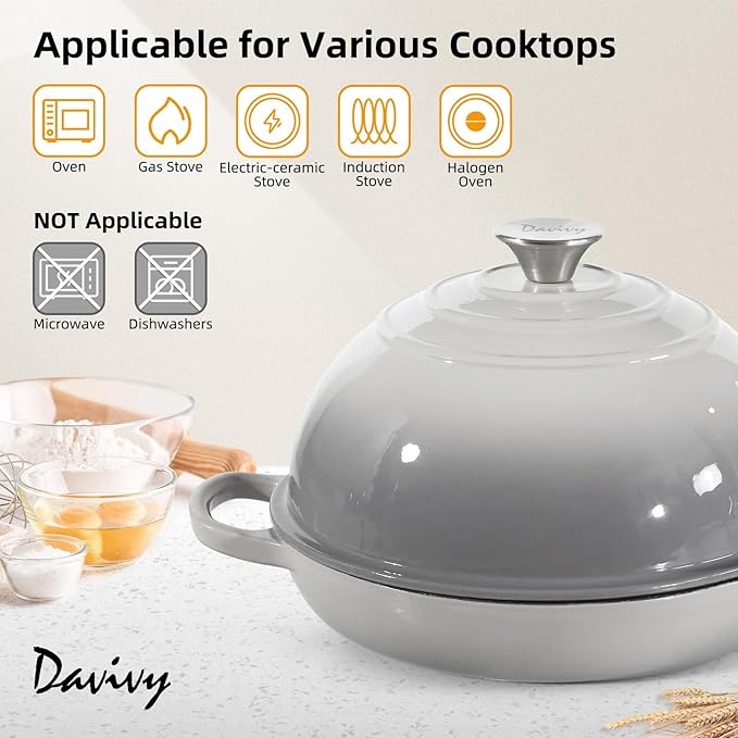 Davivy 5.5QT Cast Iron Dutch Oven with Lid, Bread Dutch Oven for Sourdough Bread, 10" Round Sourdough Bread Baking Pan, Enameled Cast Iron Bread Oven - Light Grey
