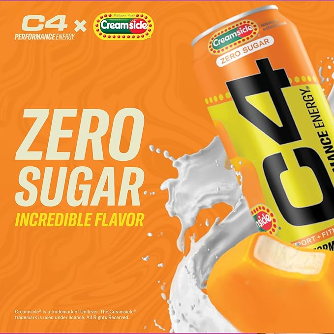 Cellucor C4 Performance Energy Drink | Zero Sugar Carbonated Preworkout Energy | 200mg Caffeine with Beta Alanine | Orange Creamsicle | 16 Fl Oz (12 Pack)