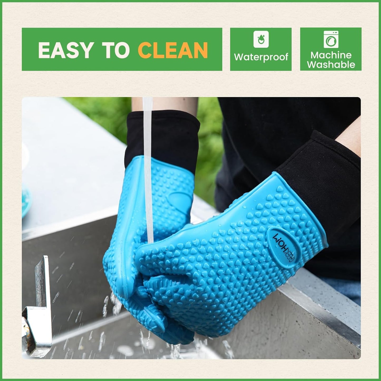 GEEKHOM BBQ Gloves Heat Resistant Oven Mitts - Silicone Grilling Gloves with 14" Long Arm Protection - Waterproof Pot Holder Non-Slip for Men & Women, Kitchen Cooking, Baking, Camping, Blue