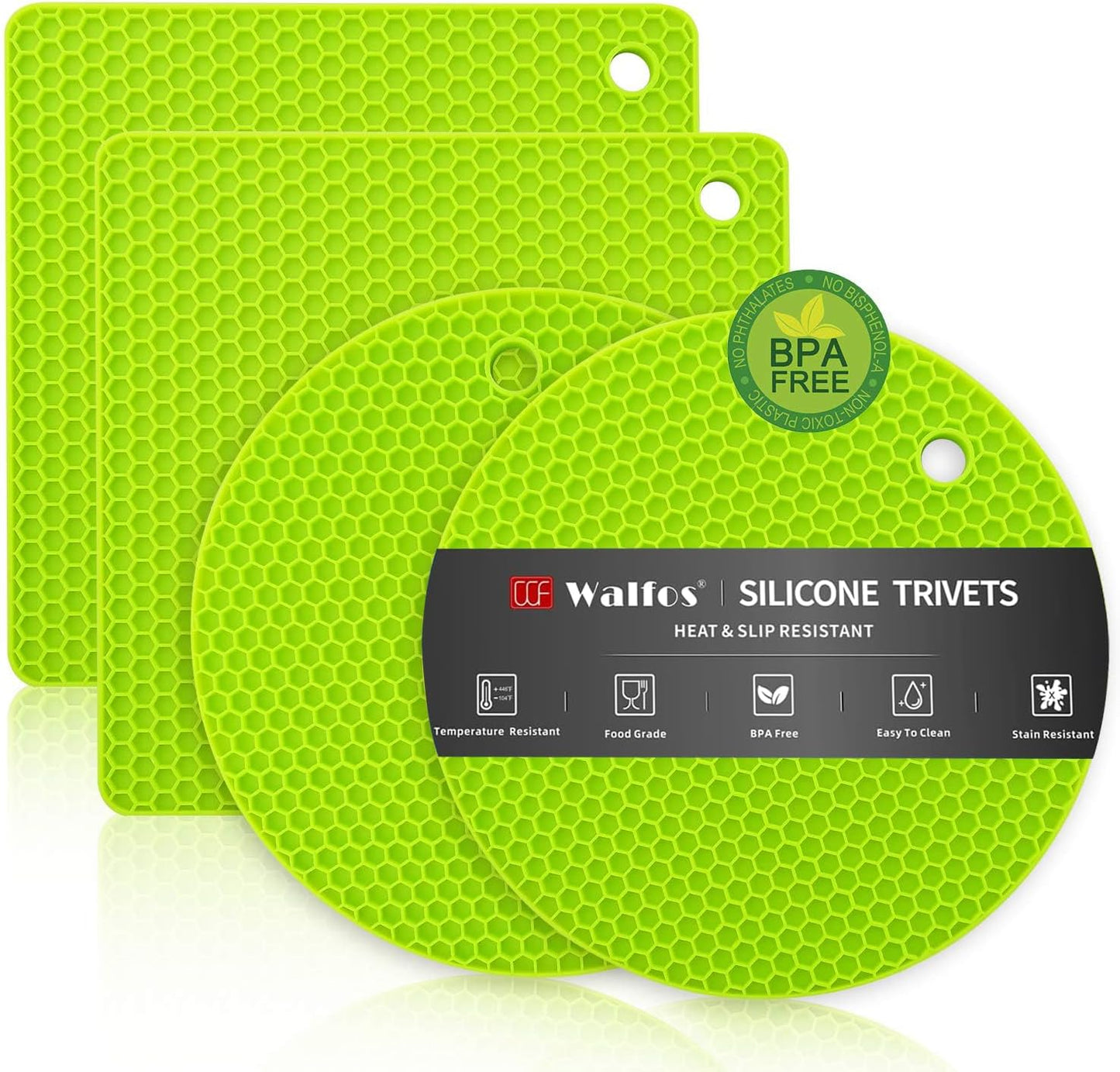 Walfos Silicone Trivet Mats - 4 Heat Resistant Pot Holders, Multipurpose Non-Slip Hot Pads for Kitchen Potholders, Hot Dishers, Jar Opener, Spoon Holder, Food Grade Silicone & BPA Free (Green)