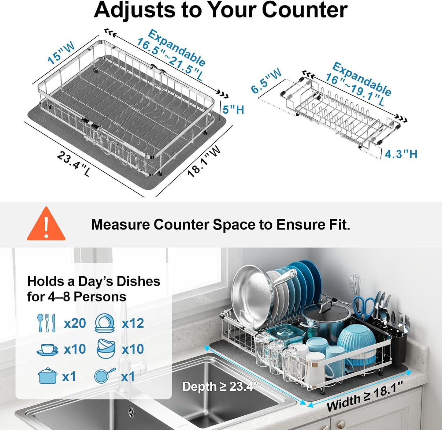 GSlife Large 2-in-1 Dish Drying Rack Set - Expandable Stainless Steel Dish Racks for Kitchen Counter & Sink, Full Size Dish Drainer with Absorbent Drying Mat Cup Holder, 16.5"-21.5" L x 15" W, Silver