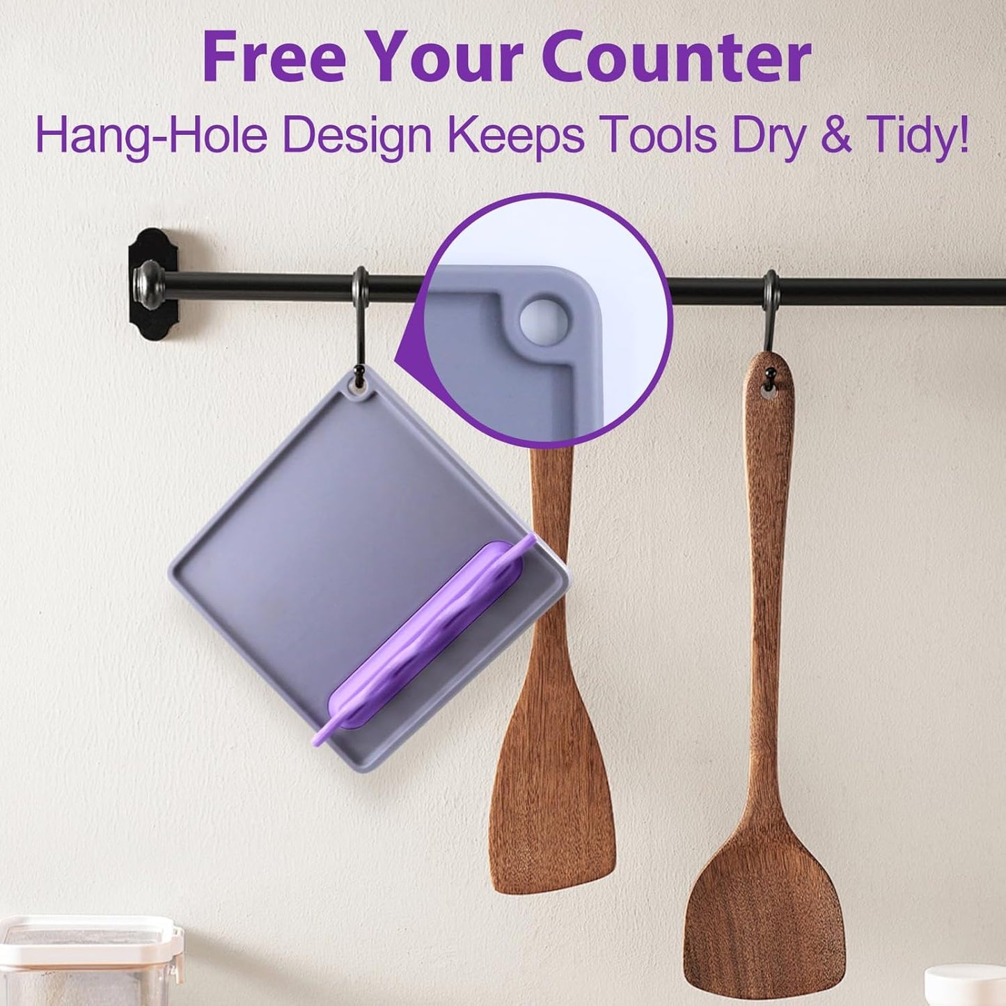 Silicone Spoon Rest for Stove, Heat-Resistant & BPA-Free, Non-Slip Kitchen Utensil Holder for Counter, Gray + Purple
