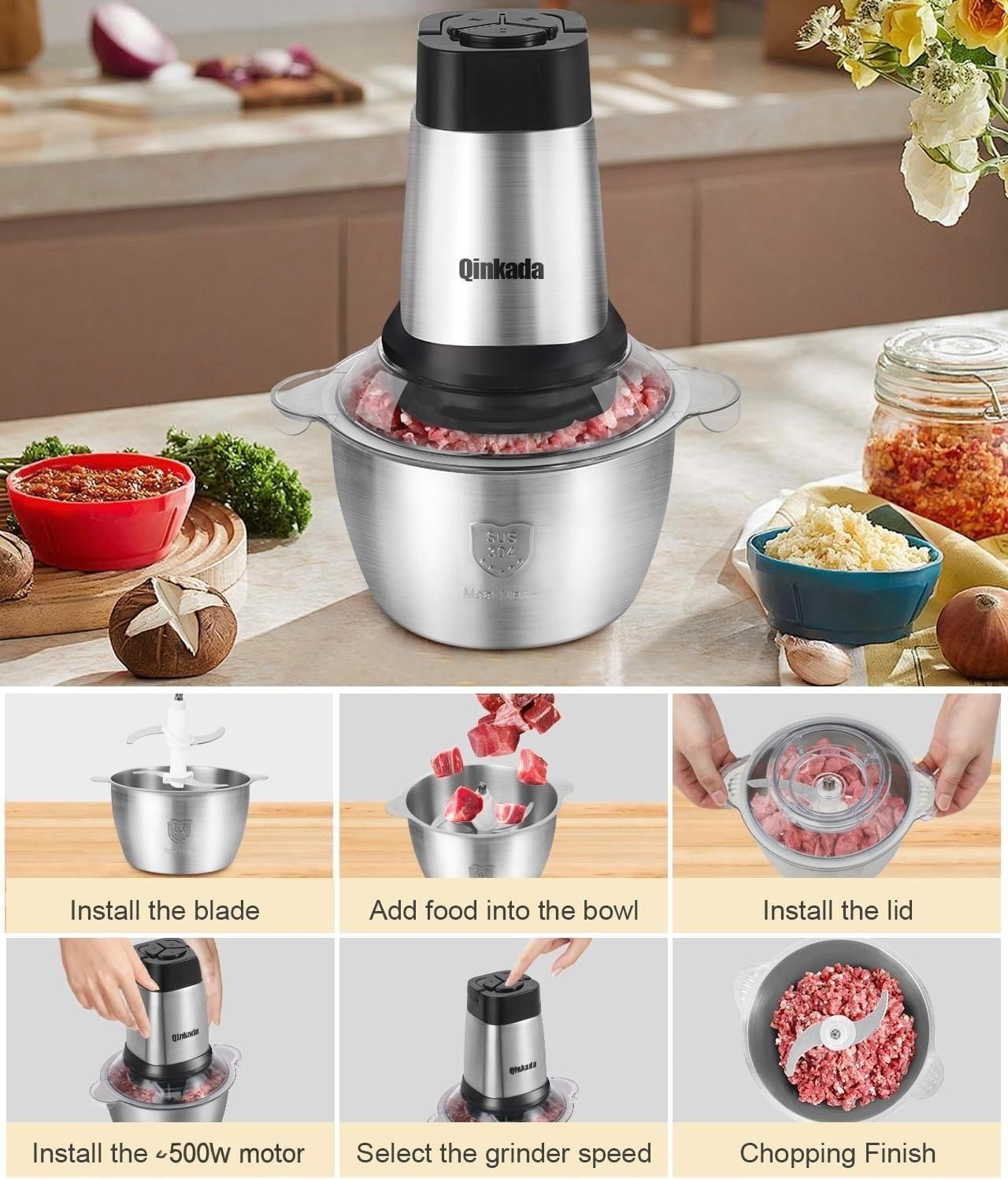 Meat Grinder, 500W Powerful Food Processors, 8Cup Stainless Steel Bowl, 3 Speed Modes 4 Bi-Level Blades for Onion, Meat, Nuts, Fruit, Garlic, Vegetable, Baby Food
