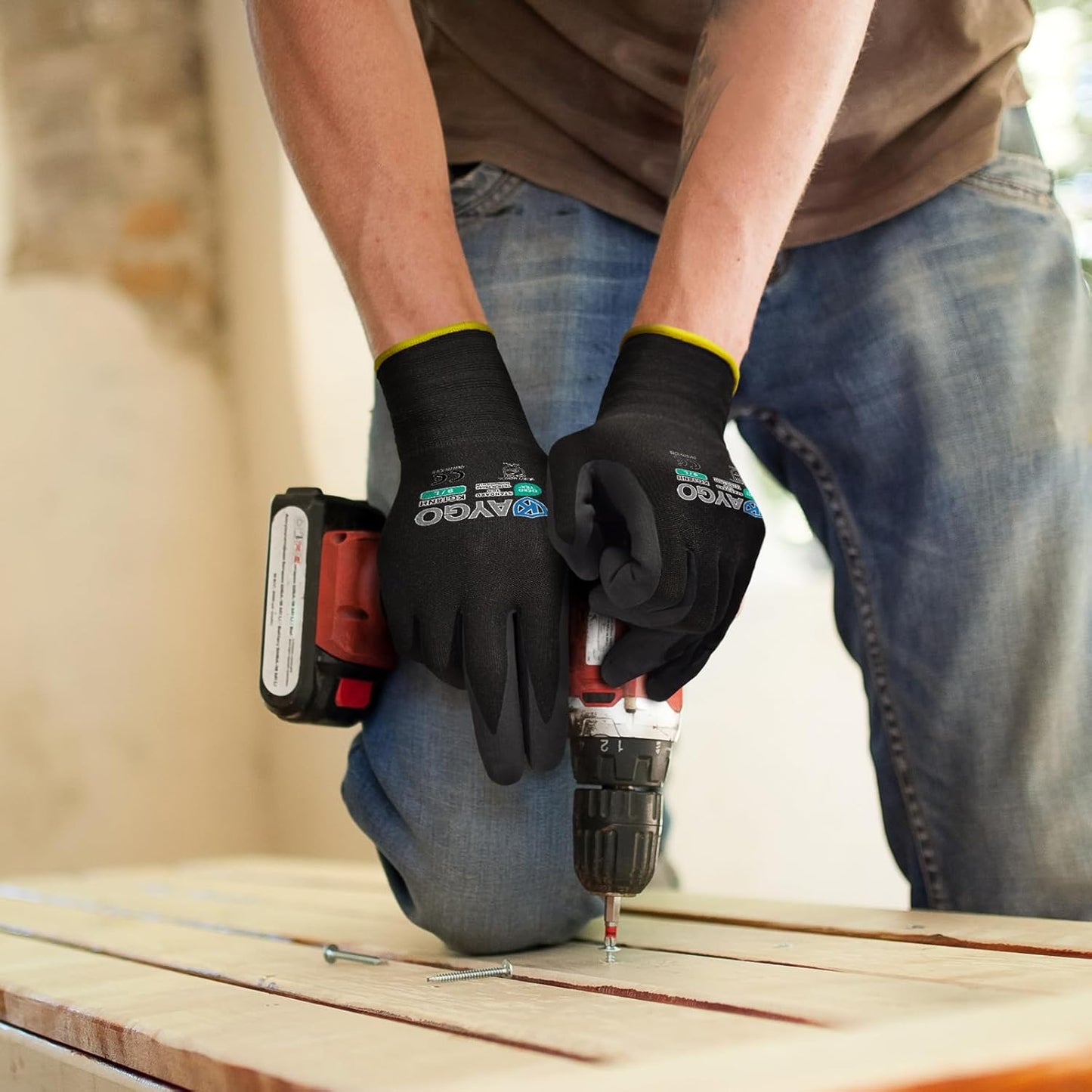 KAYGO Safety Work Gloves MicroFoam Nitrile Coated, 12 Pairs KG18NB,Seamless Knit Nylon Glove with full fingers Touchscreen, Ideal for Automotive,Warehouse,Construction (Large, Black)