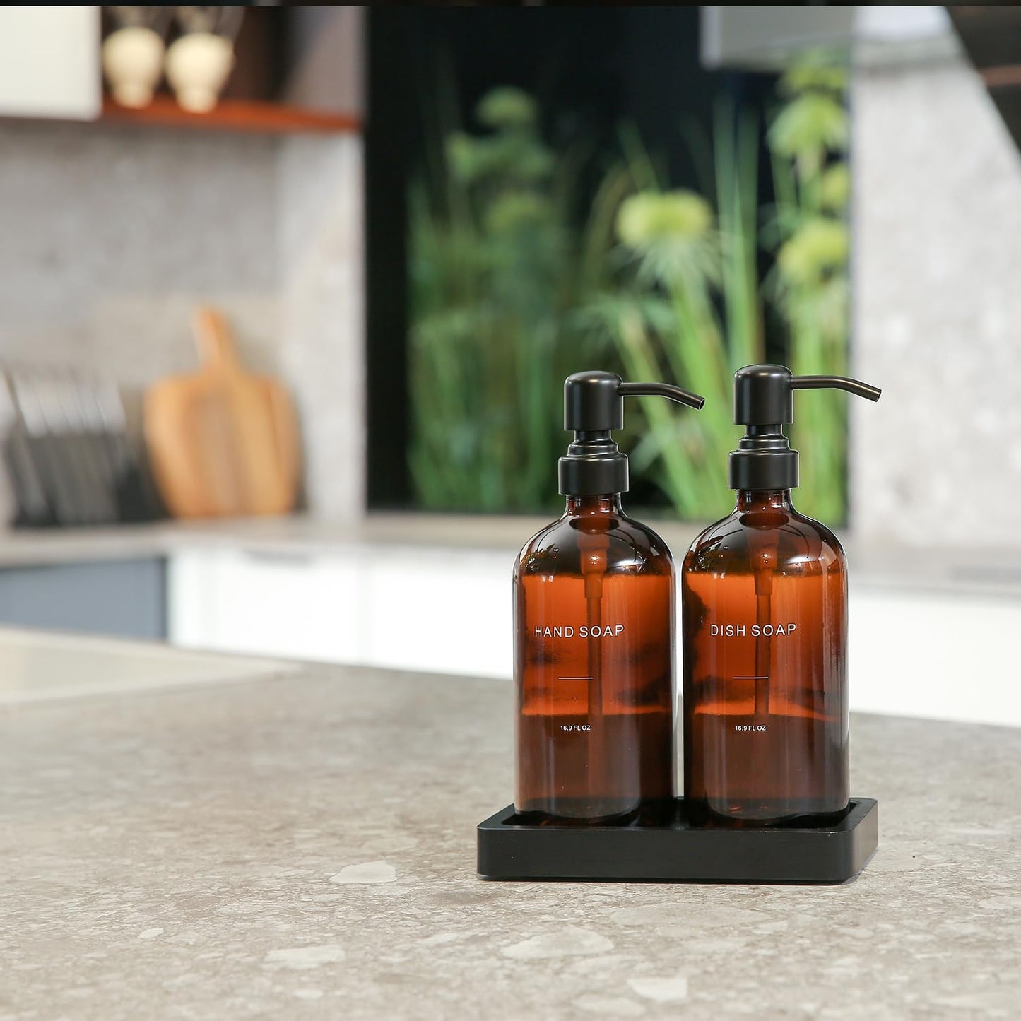 Amber Soap Dispenser Set, Soap Dispenser for Kitchen Sink with Black Stainless Steel Pump, Perfect for Kitchen Accessories Decor. (Amber)