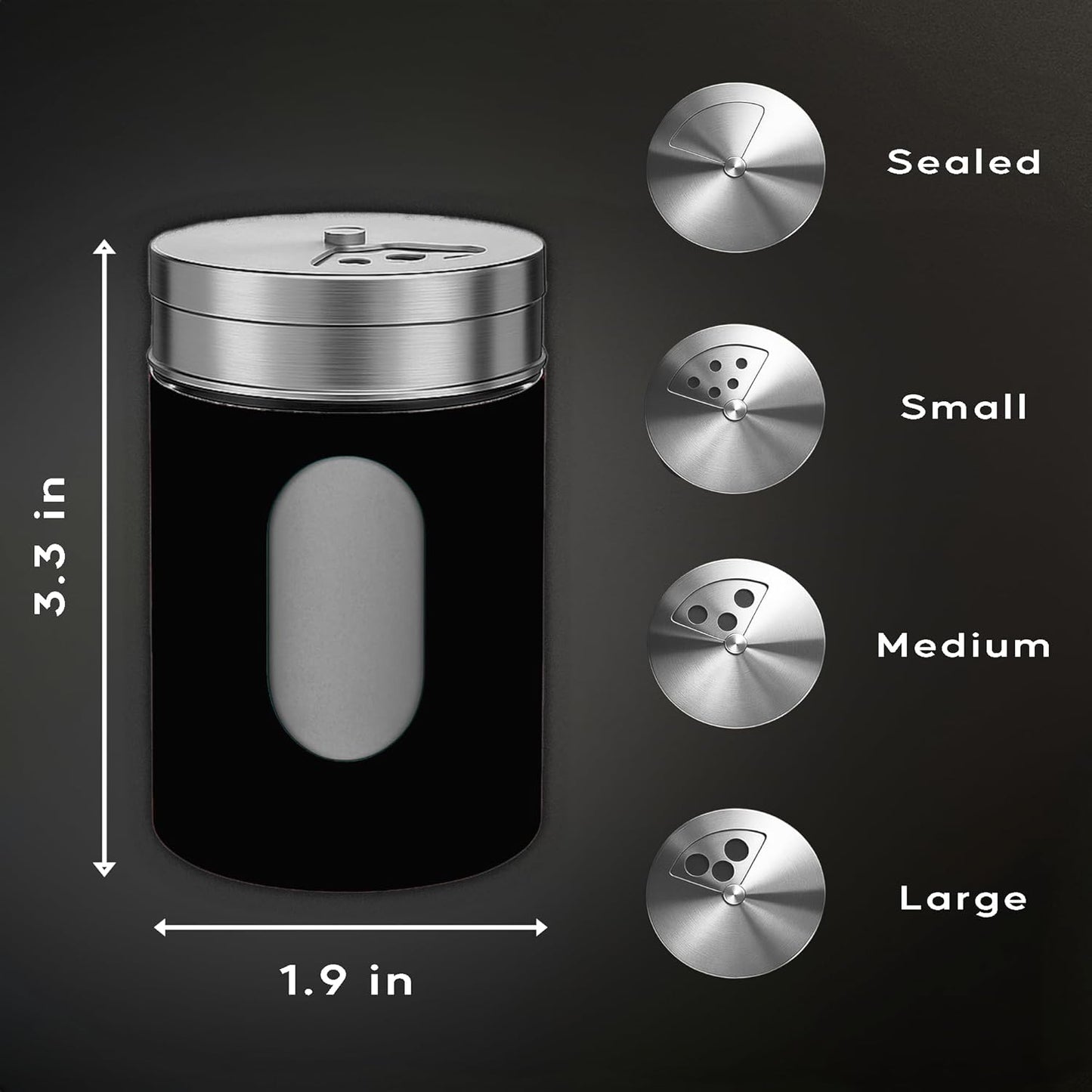 4-Piece Premium Stainless Steel Salt and Pepper Shakers Set – Adjustable Pour Holes Spice Dispenser for Salt, Sugar, Cinnamon, and Pepper – Stylish Kitchen Seasoning and Spice Shaker Set (Black)