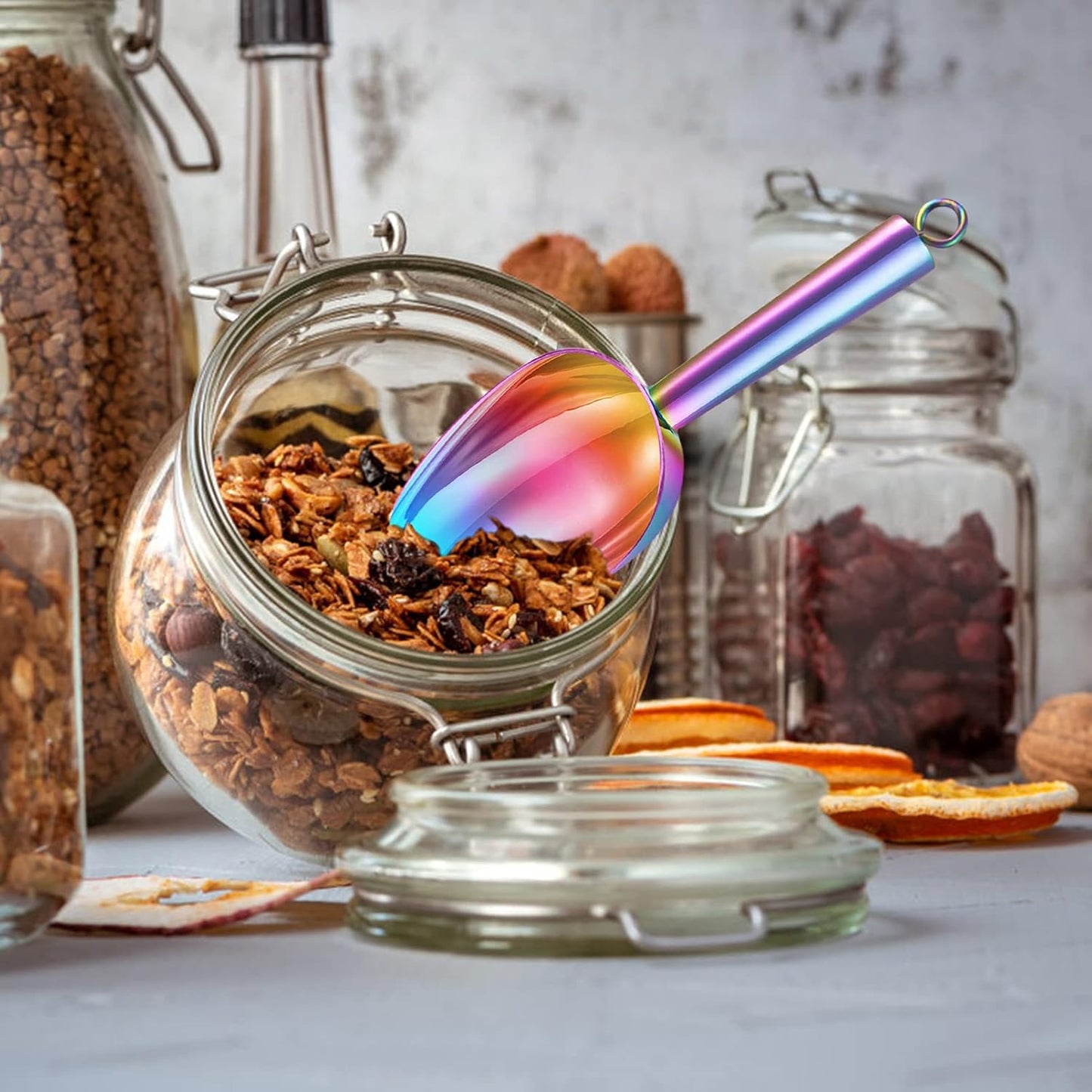 TeamFar 5oz Ice Scoop, Stainless Steel Food Scoop Metal Ice Scooper for Kitchen Bar Party Wedding, Heavy Duty & Sturdy, Easy Storage & Versatile, Mirror Finish & Smooth Edge, Colorful