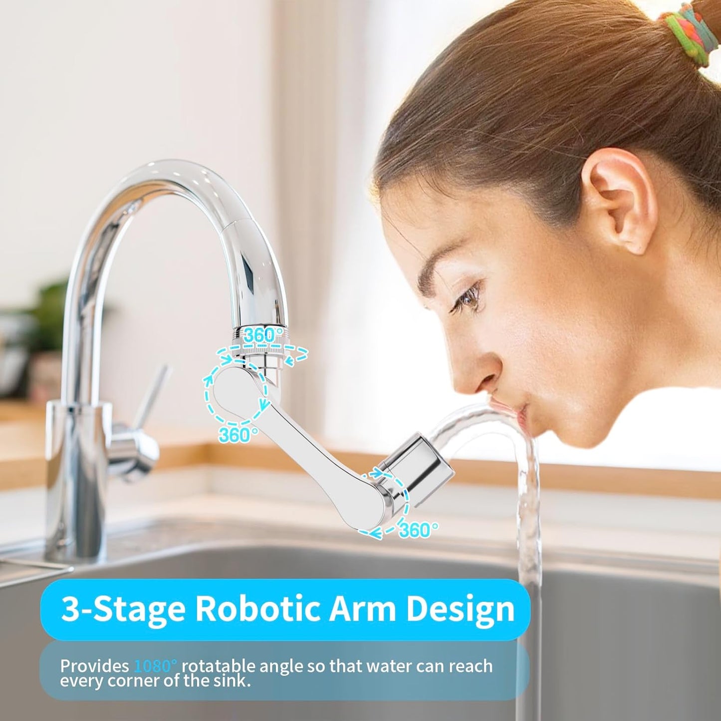 1080° Swivel Faucet Extender, Heavy Duty Rotating Sink Extension, Universal Swivel Multifunctional Robotic Arm, Rotating Splash Filter Extension Faucet Aerator for Kitchen Bathroom-2 Pcs