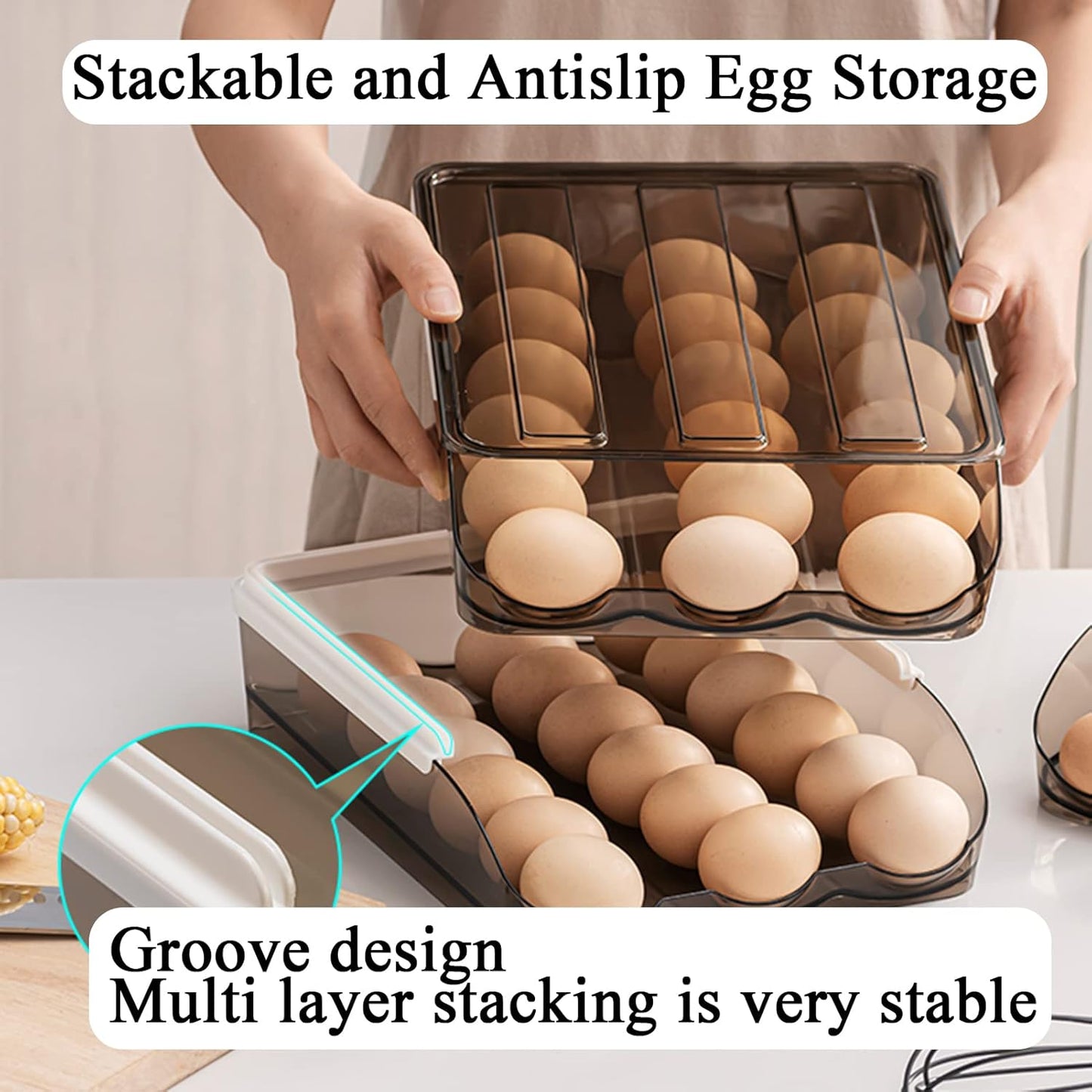Egg Holder for Refrigerator Auto Scrolling Organizer Plastic Stackable Storage Container Reusable Clear Tray Box Basket Bin Lid Drawer Carrier Keeper(2 Layer)