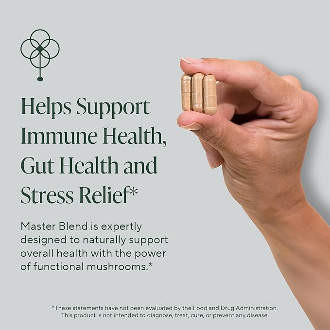 Om Master Blend Mushroom Capsules - Organic Mushroom Supplement with 10 Mushrooms and Ashwagandha – Support Immunity, Gut Health & Stress Relief, 84 Count (28 Servings)