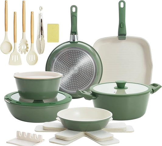 23pcs Ceramic Pots and Pans Set, Nonstick Detachable Handle Cookware, Induction Kitchen Cooking Set with Removable Handle,include Frying Pans & Saucepans Oven Safe(Green)