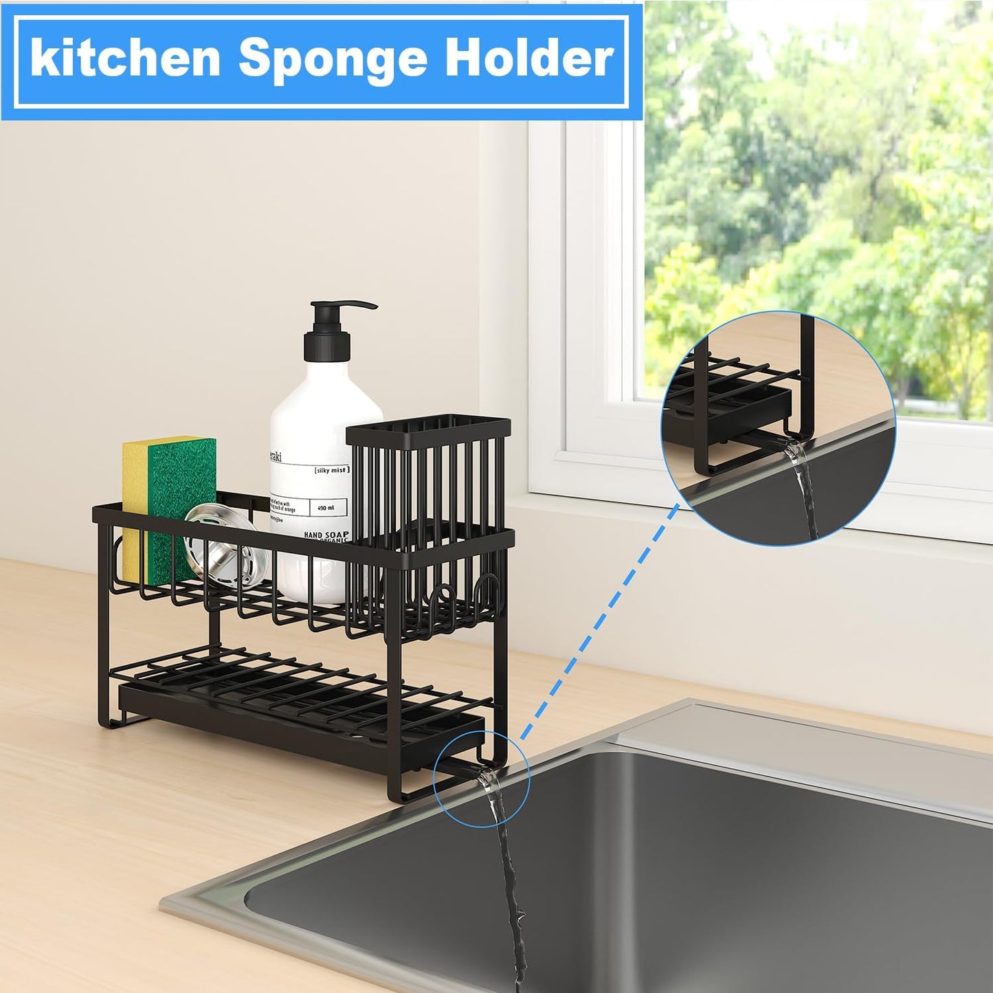 2-Tier Sponge Holder for Kitchen Sink, Caddy Organizer with High Brush Holder, Durable & Rustproof Kitchen Sink Accessories (Black)