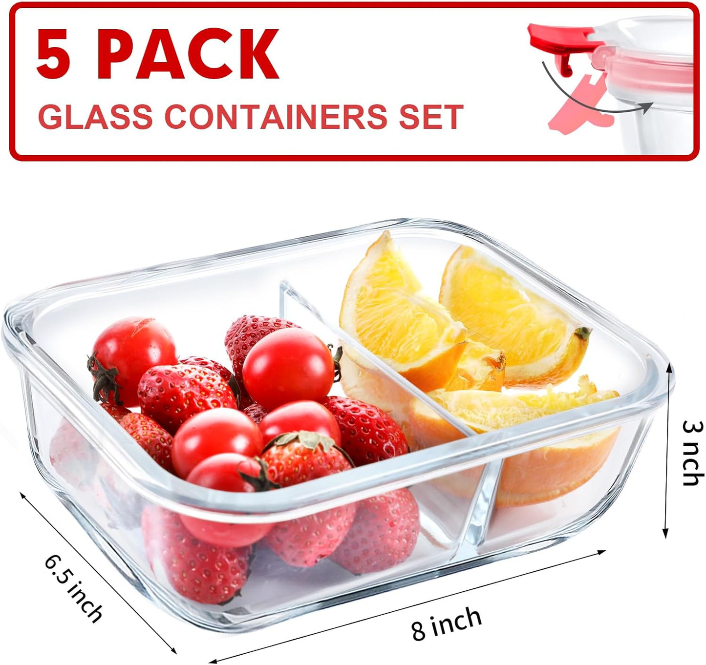 VERONES 5 Pack Glass Meal Prep Containers 2 Compartment Set, 36OZ Airtight Glass Lunch Containers, Glass Food Storage Containers with Lids, for Microwave, Oven, Freezer & Dishwasher Friendly,Red