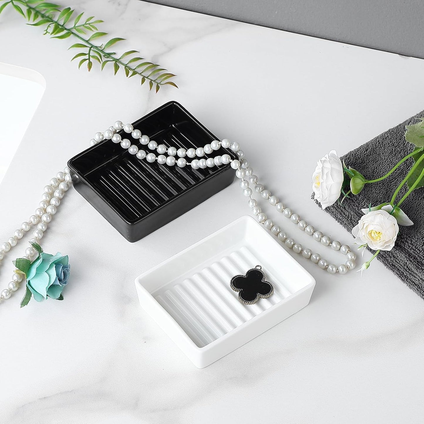 Black Rectangle Soap Dish - Modern Ceramic Hand Soap Holder Non-Slip Bar Soap Holder Soap Tray for Bathroom, Kitchen Sink, Shower, Countertop, Easy to Clean