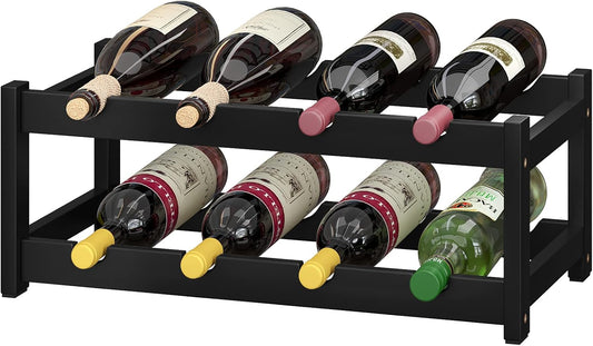BAMEOS Wine Rack Freestanding 8 Bottle 2 Tier Bamboo Wine Racks Countertop Cabinet Wine Holder Wine Storage Shelf for Kitchen, Bar, Pantry, Wine Cellar, Countertop Black (16.85 L x 9.25W x 7H)