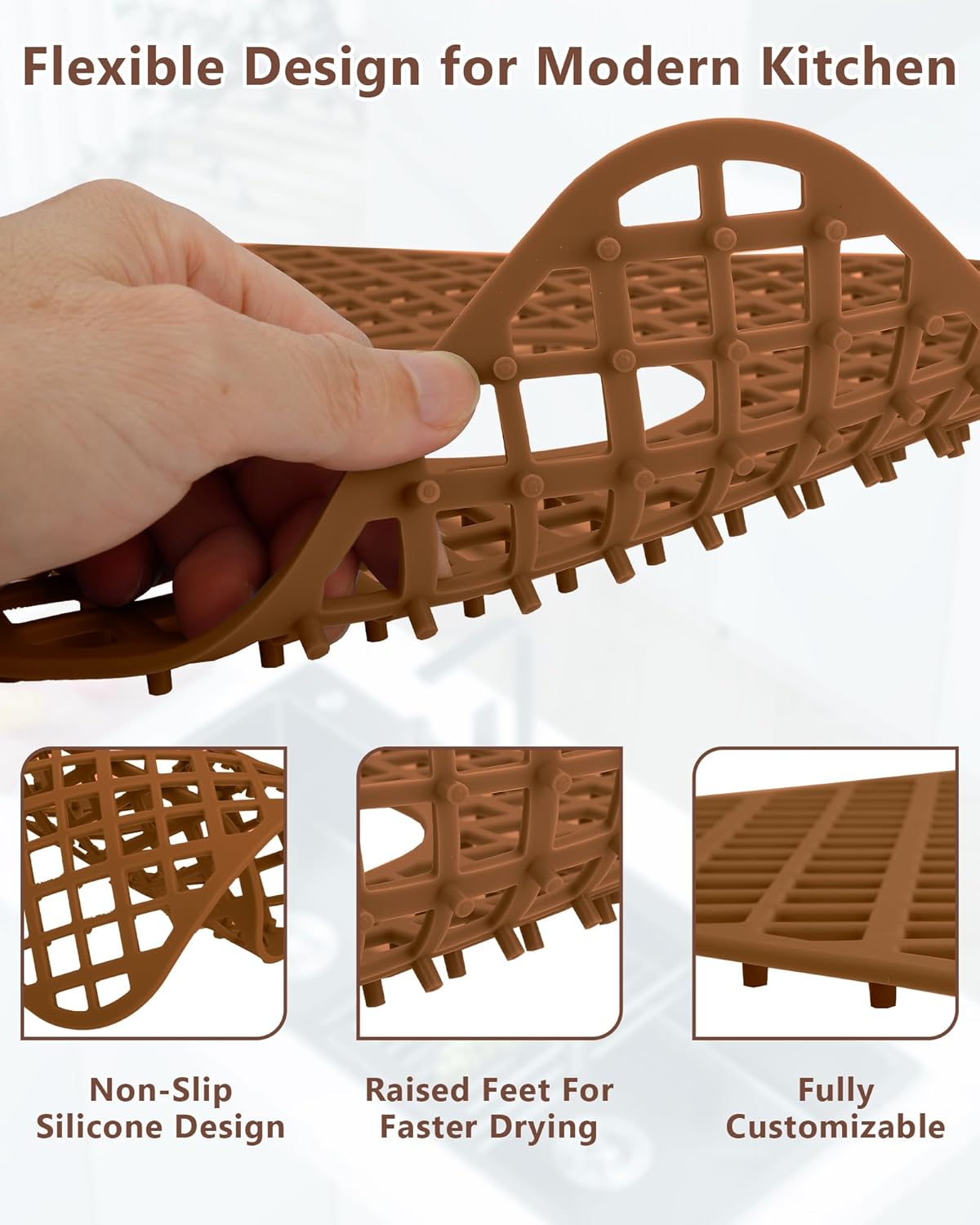 2 Pack Silicone Sink Protectors for Kitchen Sink, Lozenge Pattern 13 x 11 Inches Sink Mat, Non-Slip and Durable Sink Protector Silicone, Rear Drain, Coffee