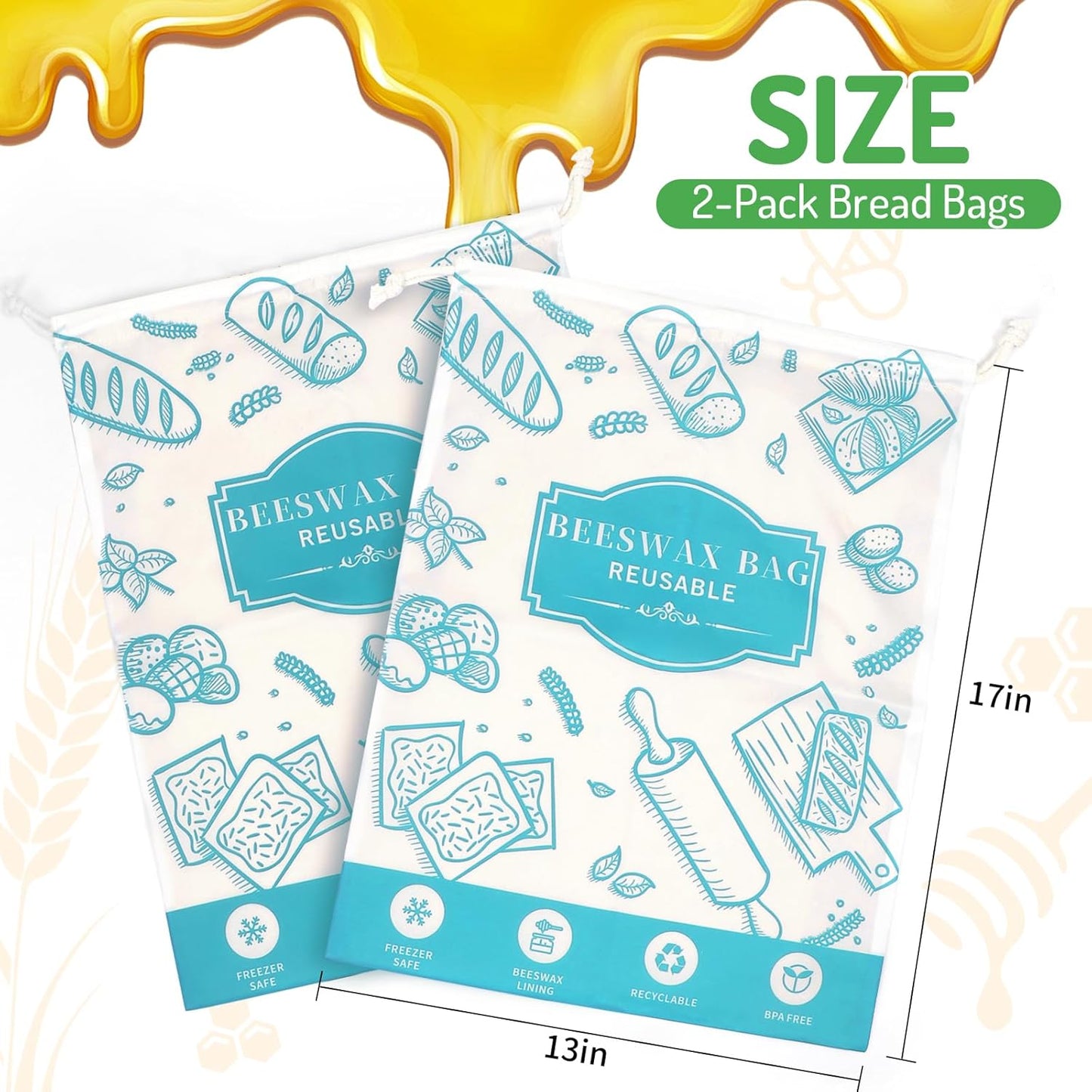 2-Pack Beeswax Bread Bags for Homemade Bread, Green Reusable Sourdough Storage Bags with Premium Beeswax Coating for Loafs Baguette Fresh Keeping,Great Homesteading Essentials and Baking Gifts.