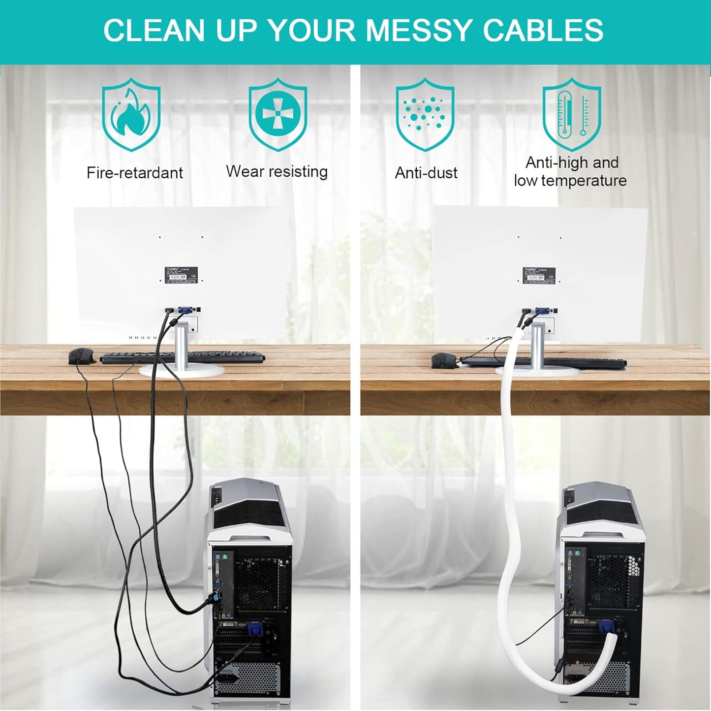 6.6ft - 1/2 inch White Cable Sleeve, Cable Organizer for Desk PC TV Computer, Wire Protector Cable Wrap Cover, Cord Management for Home Office